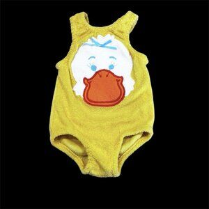 Vintage 80s Baby One Piece Girl 3-6 Month Terry Feel Duck Yellow Summer Outfit